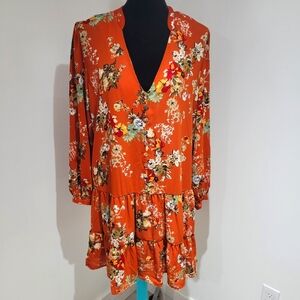 Emma & Michele Womens Floral Dropwaist Peasant Dress Medium Orange Boho